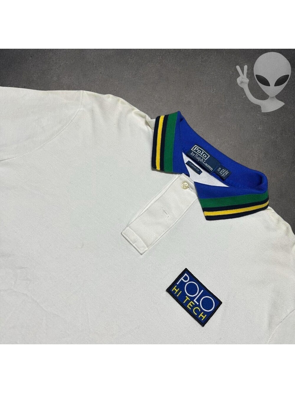 Polo Ralph Lauren Hi Tech Patch Polo Shirt Men's XL White Classic Fit Vintage